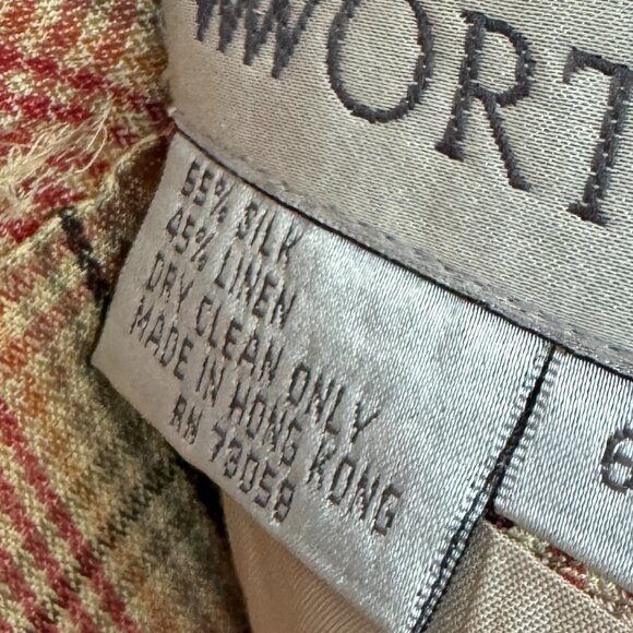 Vtg Worth Silk Linen Blend Skirt Plaid Faux Wrap Side Zip Lined Light Academia - Picture 15 of 15